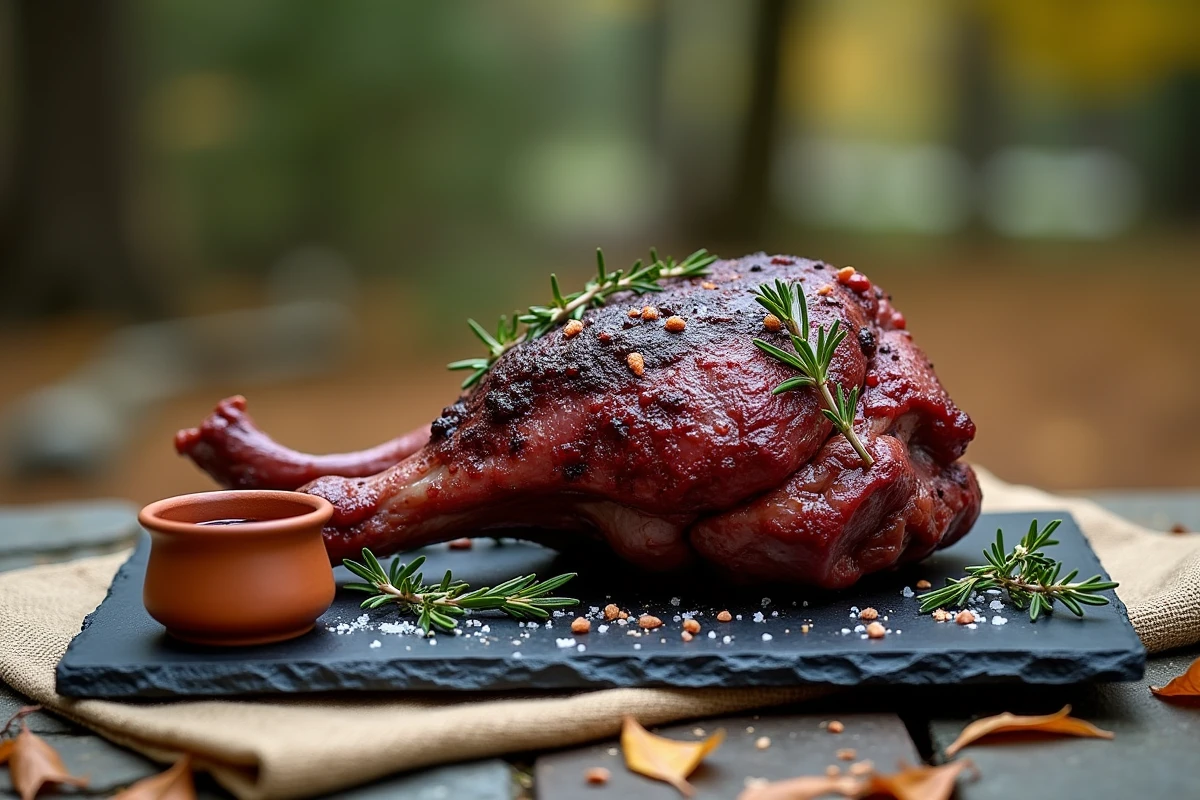 Gigot de chevreuil mariné aux baies de genièvre et thym posé sur une ardoise en terrasse rustique en automne