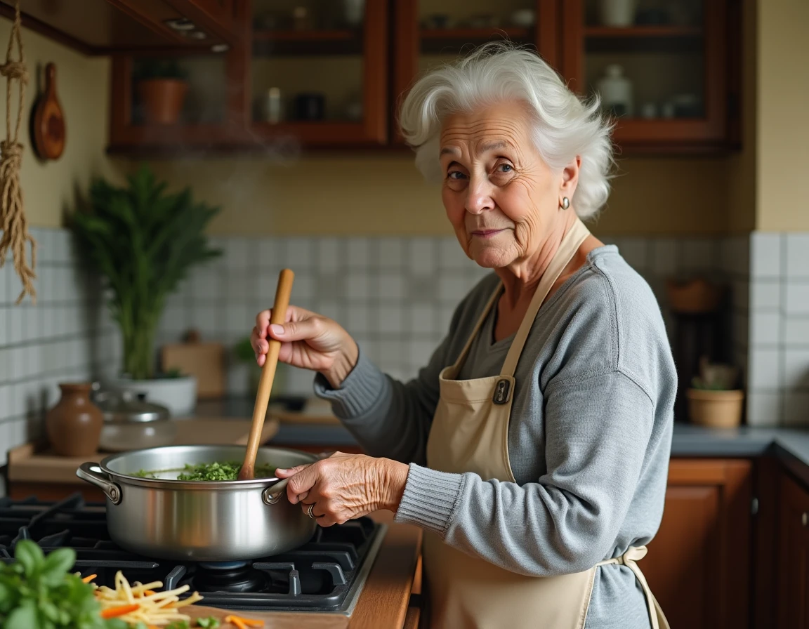 Grand-mère préparant une soupe aux vermicelles dans un faitout sur la cuisinière, ambiance cuisine familiale