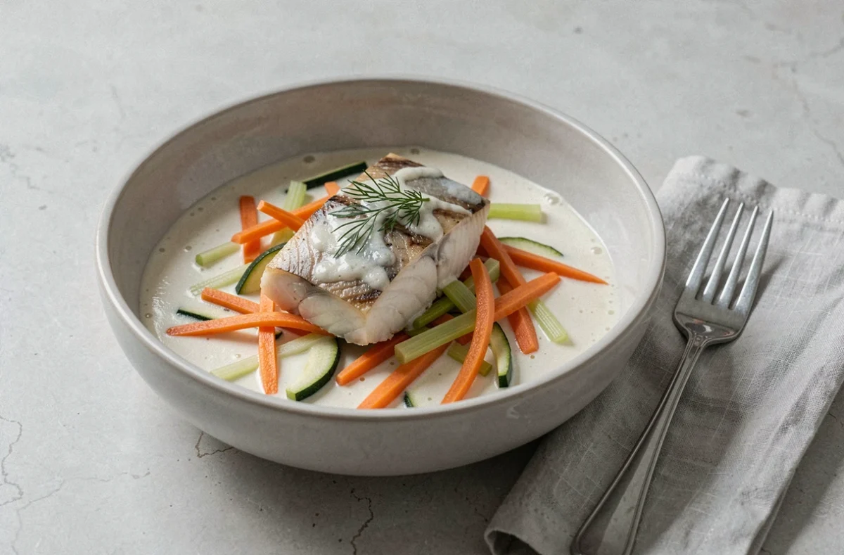 Gros plan d'un filet de julienne one pot servi en bol avec légumes julienne et sauce crémeuse, style minimaliste