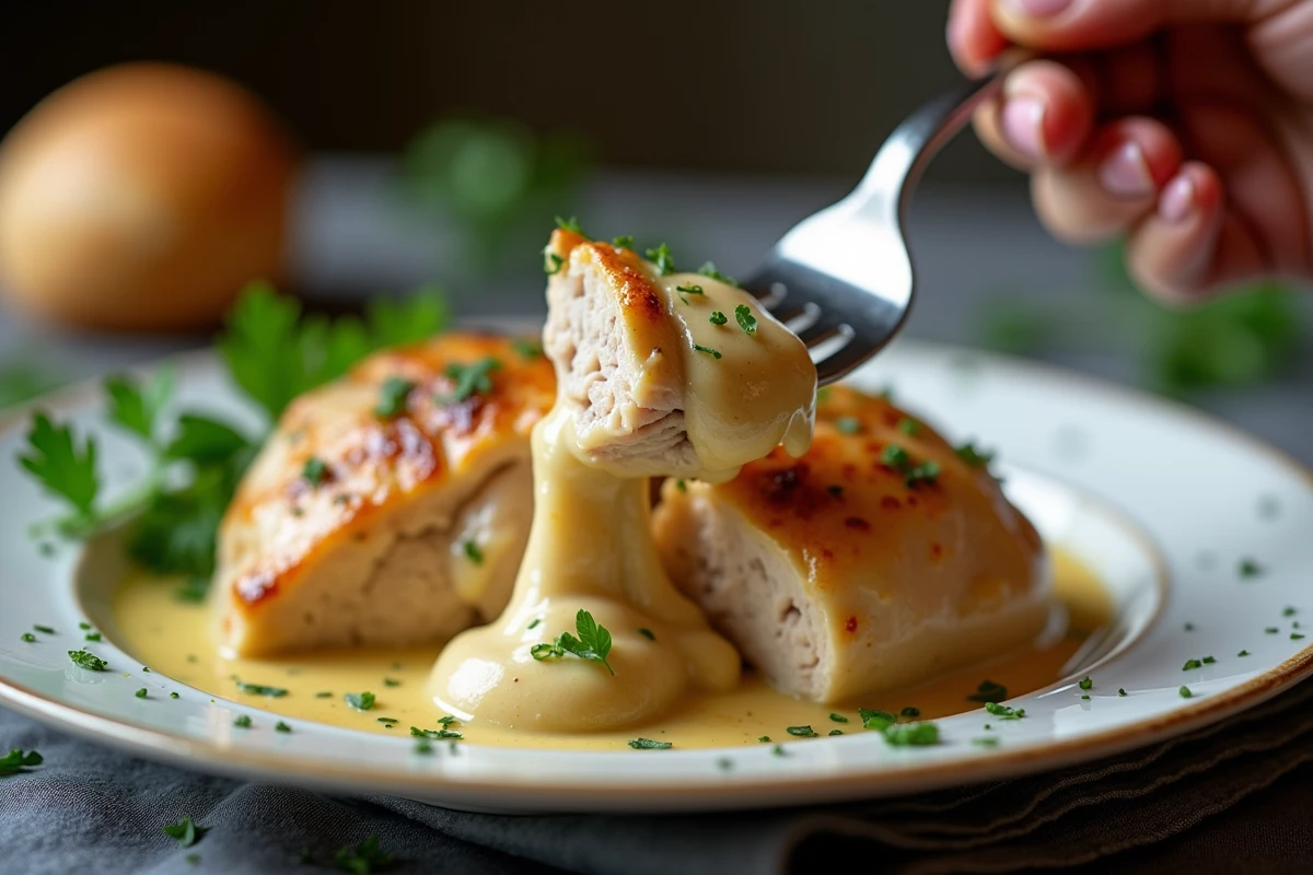 Gros plan sur une fourchette soulevant un morceau de cuisse de poulet tendre nappé de sauce crème aux herbes fraîches