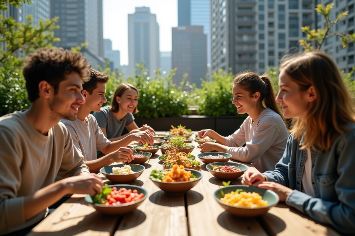 Groupe diversifié partageant des superaliments sur un toit urbain