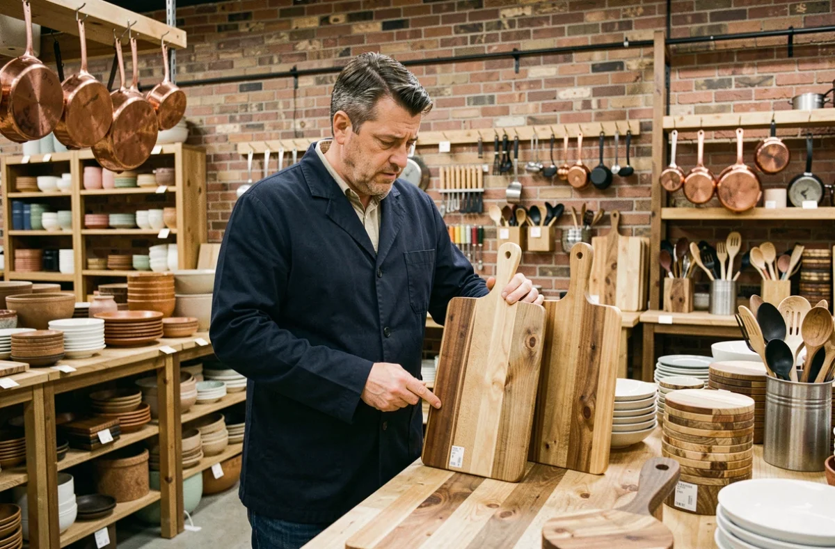Homme comparant deux planches à découper en bois dans une boutique d'ustensiles de cuisine spécialisée