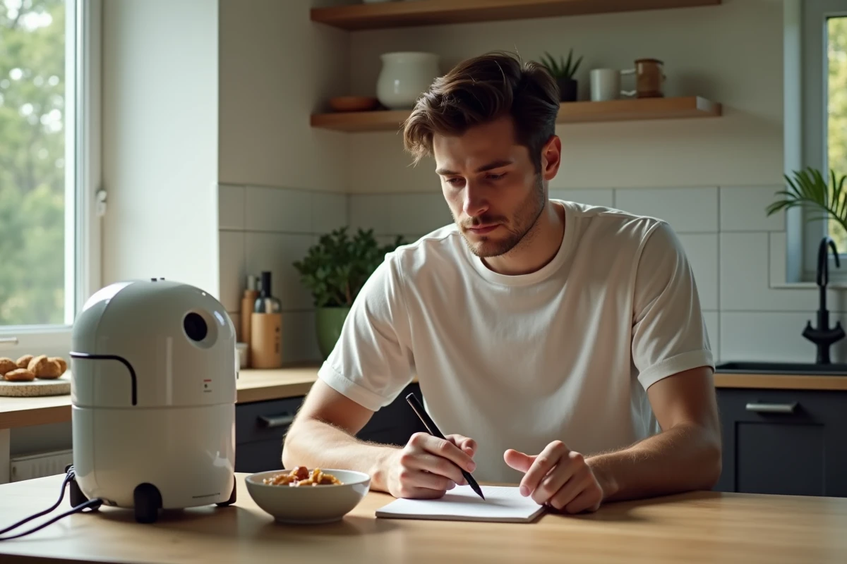 Jeune homme notant consommation robot soupe dans cuisine