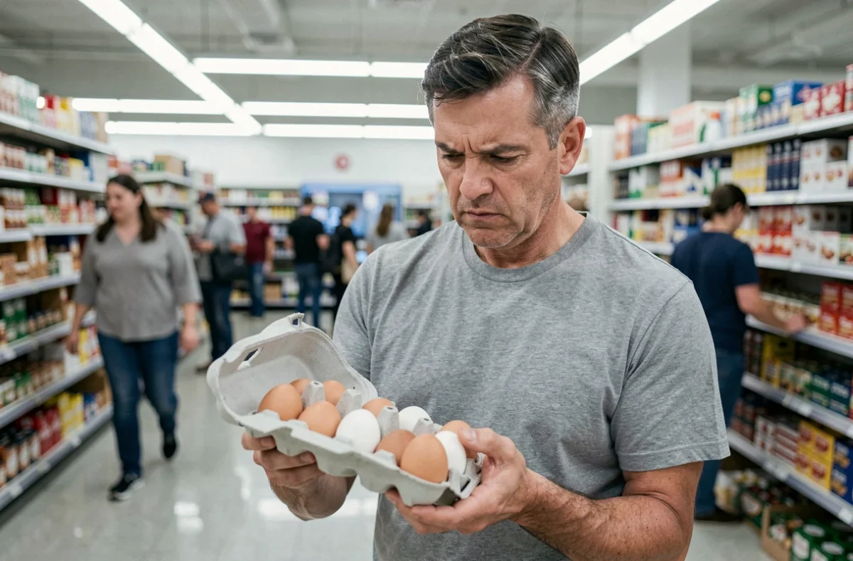 Homme inspectant une boîte d'œufs en rayon de supermarché avec une expression attentive