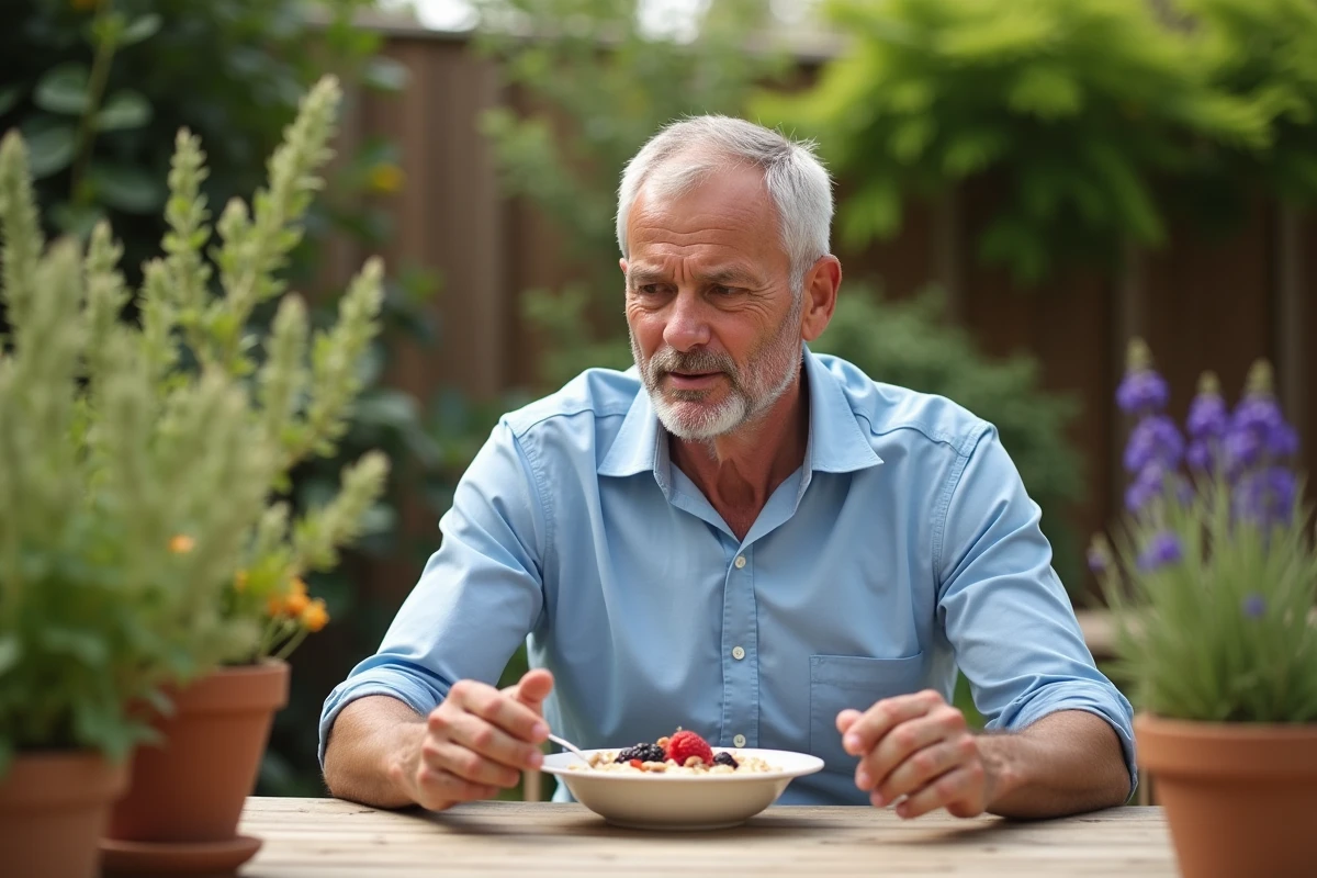 Homme dégustant un bol de céréales dans un jardin ensoleille