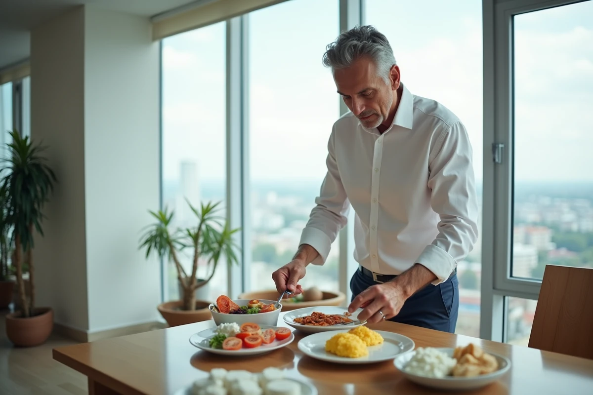 Homme préparant un petit déjeuner avec œufs et tomates