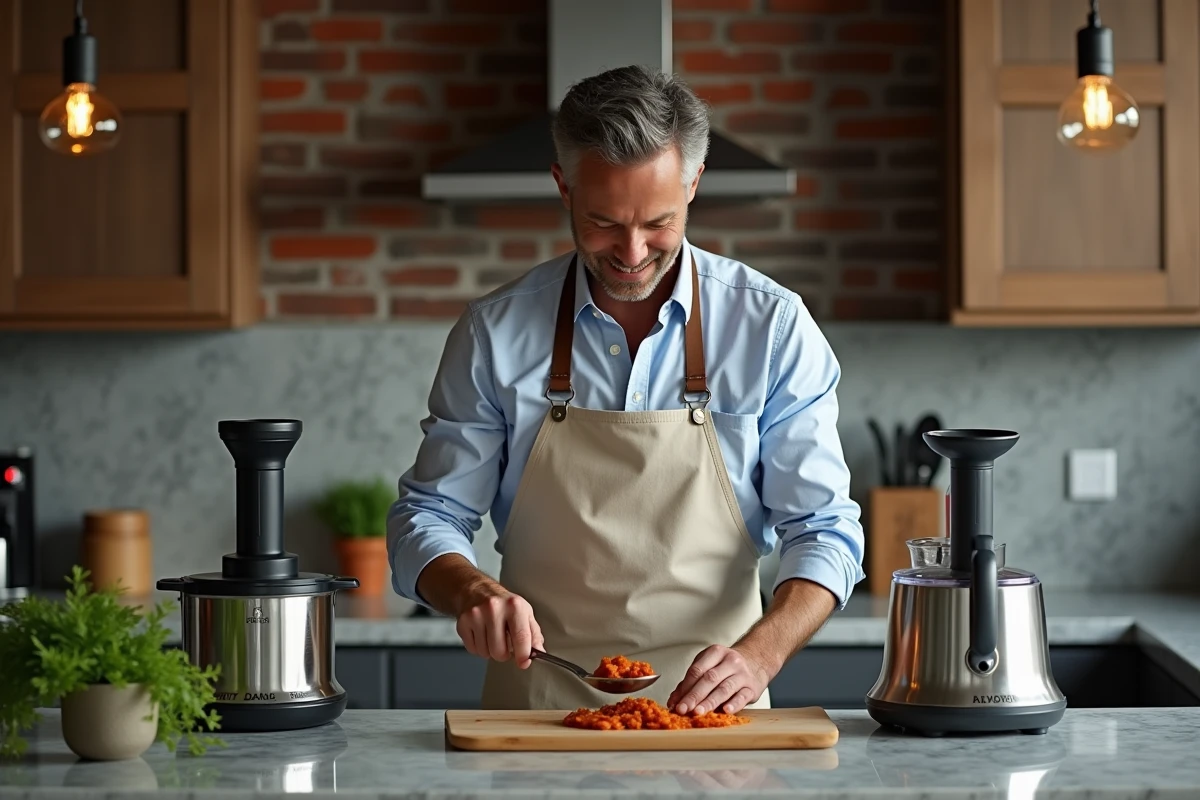 Homme en tablier utilise deux machines de cuisine dans une cuisine loft