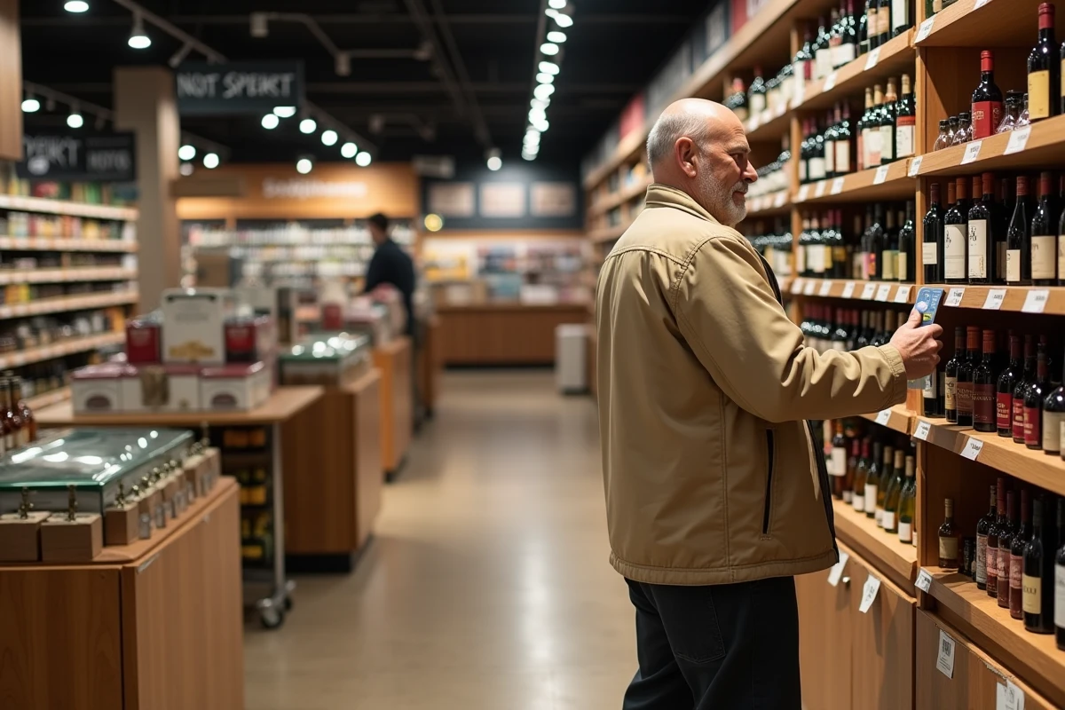 Homme examinant des étiquettes de vins et spiritueux dans le rayon alcools de Venta Peio Dancharia