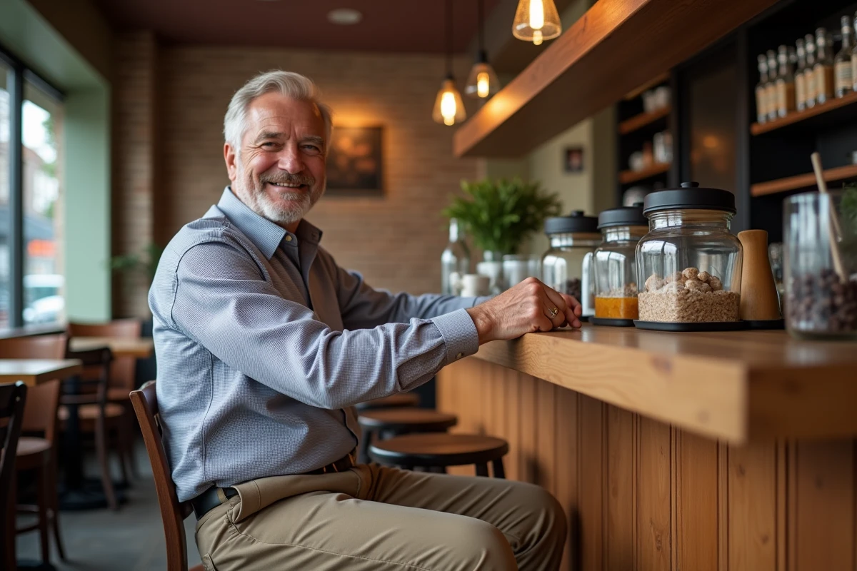 Homme senior assis au snack bar dans un café urbain
