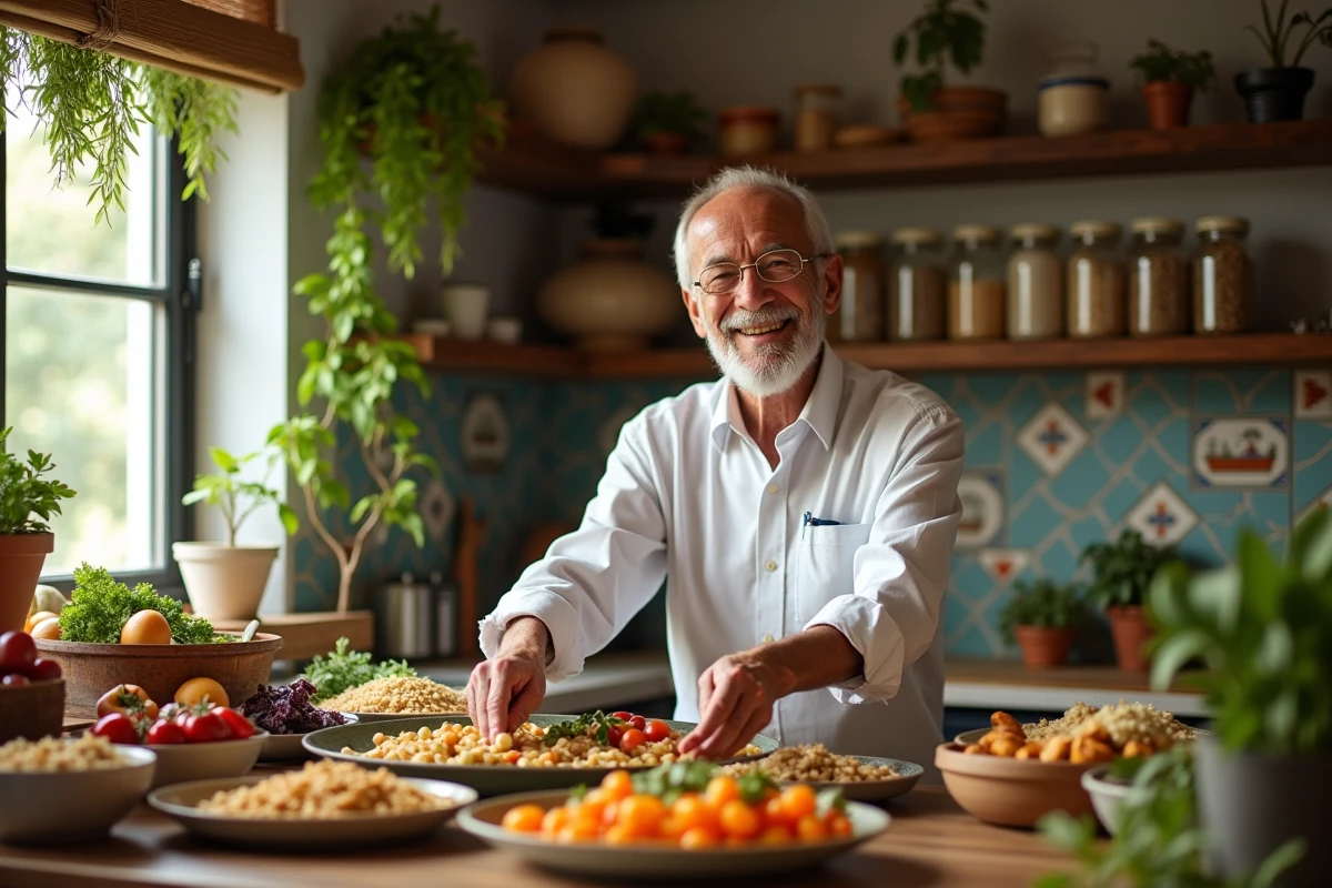 Homme âgé servant un repas dans une cuisine chaleureuse