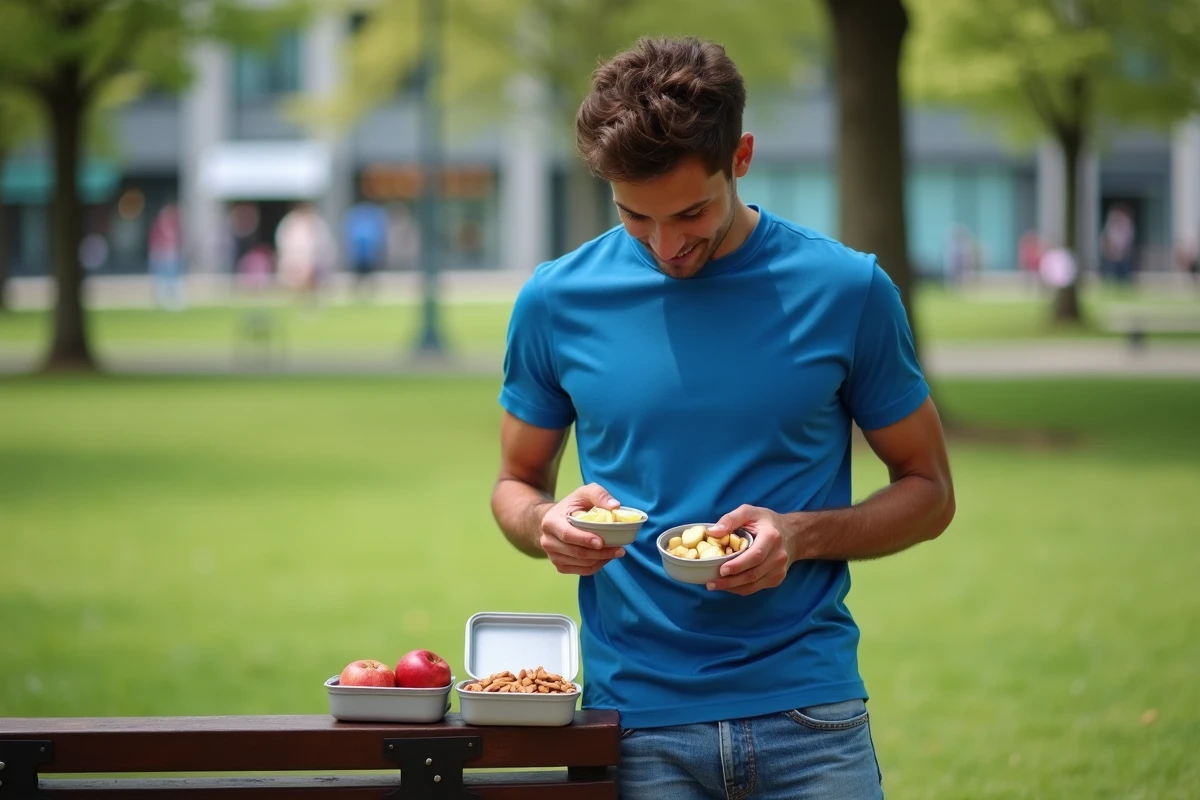 Jeune homme dégustant des fruits et noix dans un parc urbain