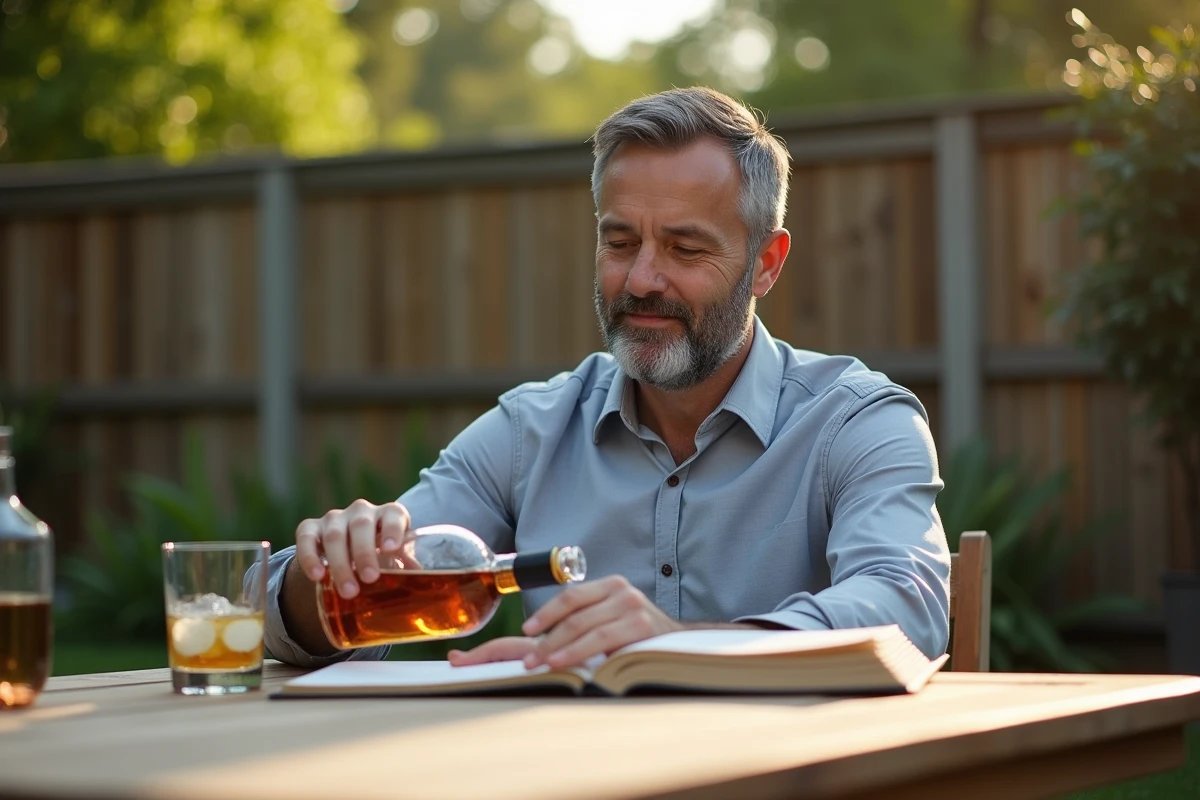 Homme versant un spirit dans un verre en terrasse en plein air