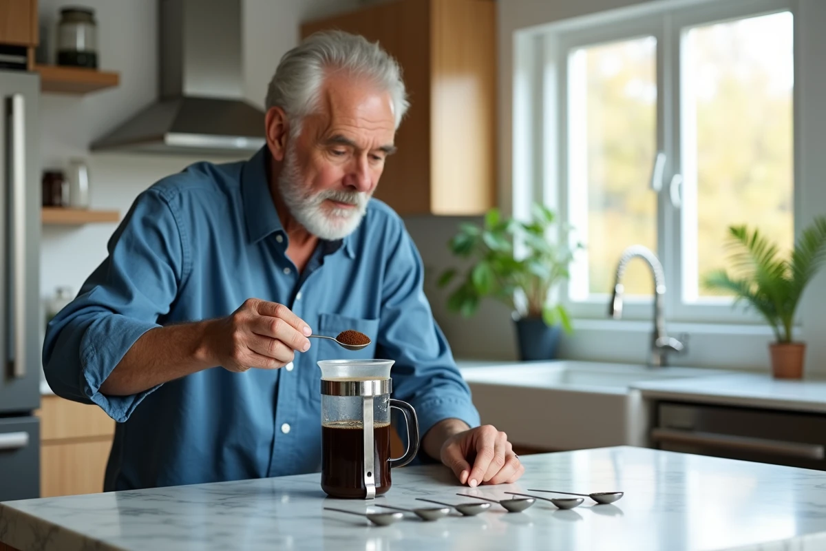 Homme versant du café dans une presse sur une île en marbre lumineux