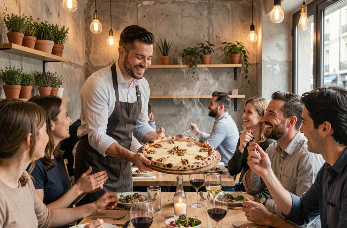 Serveur apportant une pizza quatre fromages aux clients de l'In Bocca al Lupo (IBAL) à Villenave-d'Ornon