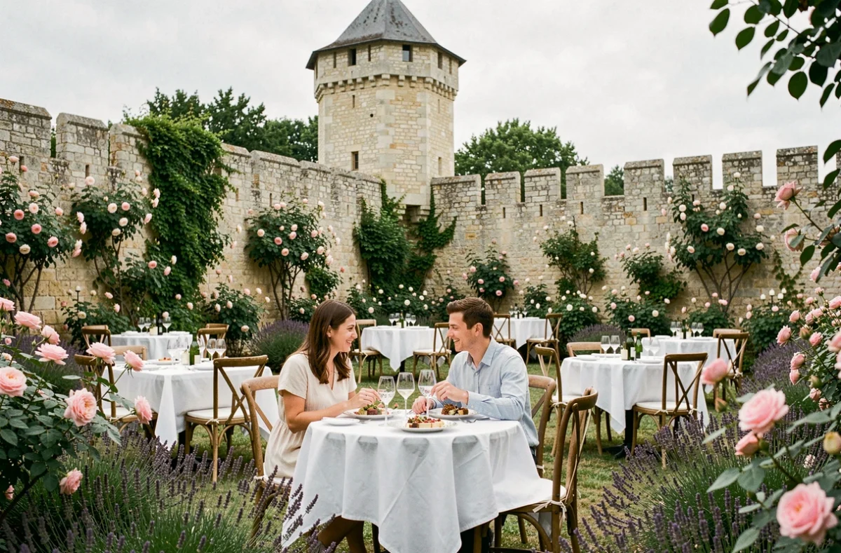 Terrasse jardin du restaurant Le Jardin de l'Échauguette à Conches-en-Ouche avec tables dressées parmi les rosiers et la tour médiévale en arrière-plan