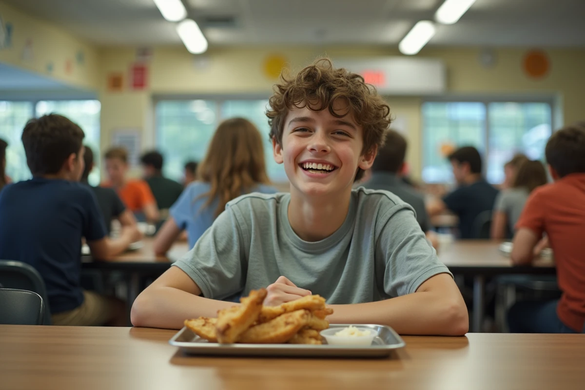 Adolescent riant avec ses amis à la cantine scolaire