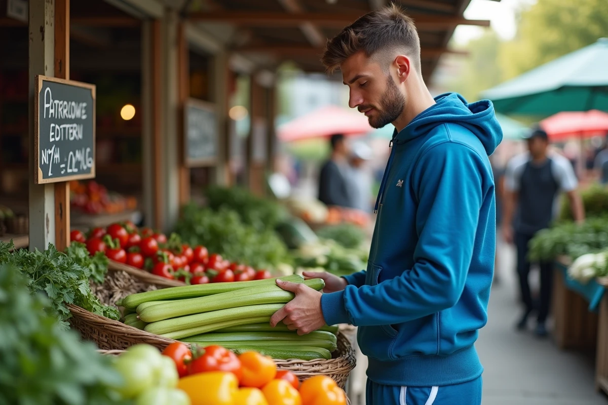 Jeune homme choisissant des légumes au marché en plein air
