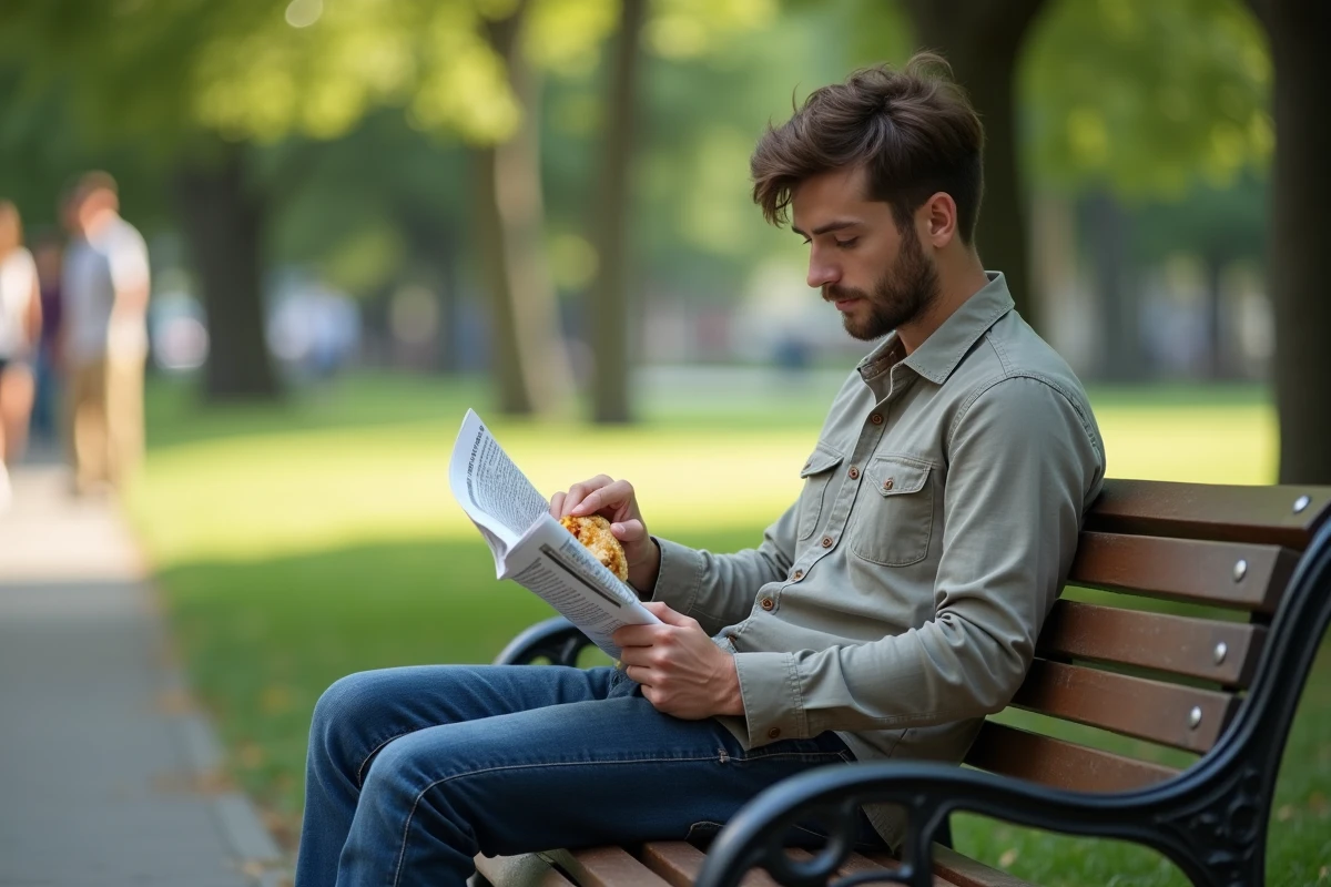 Jeune homme mangeant un sandwich dans un parc