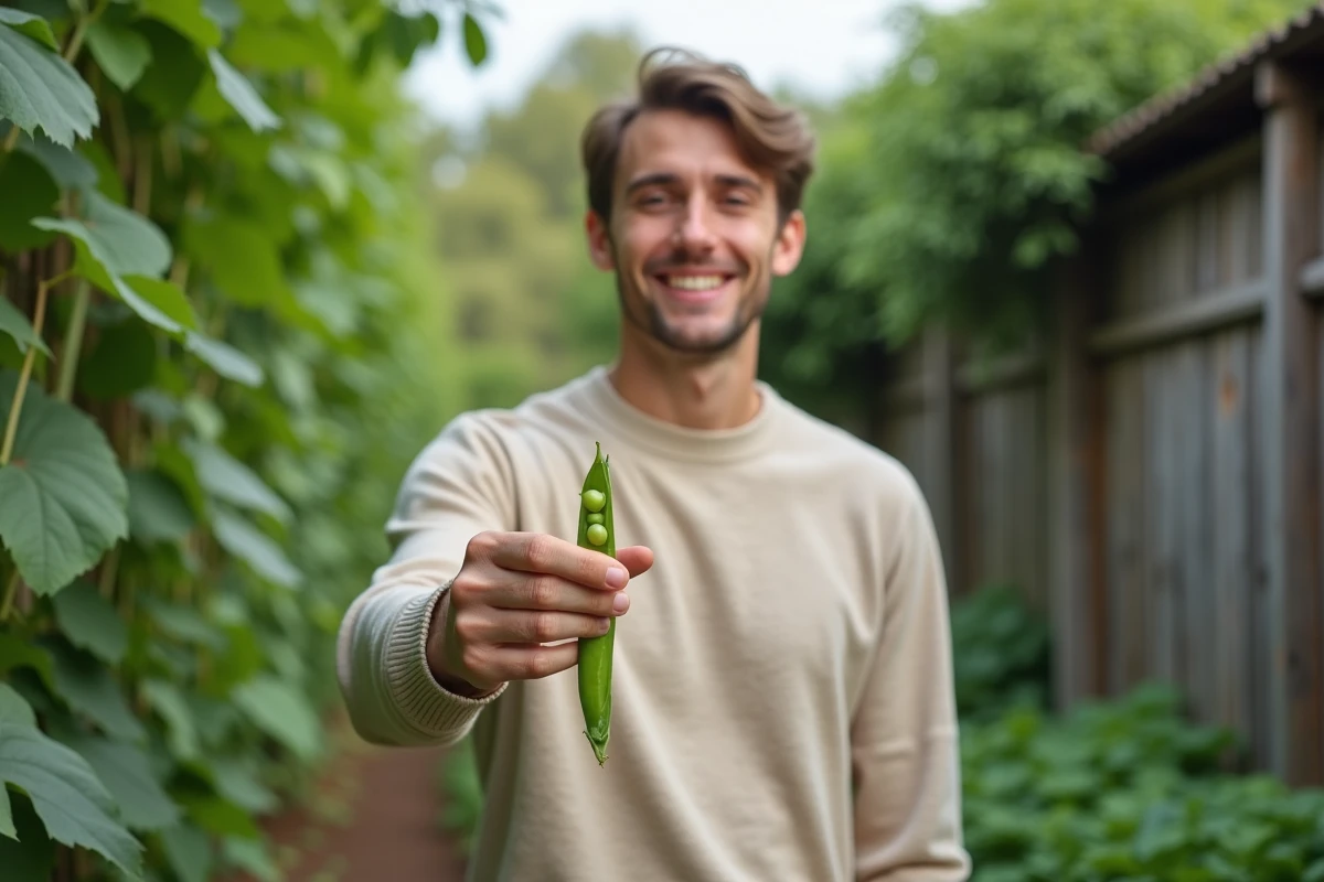 Jeune homme dans un jardin avec des pois frais