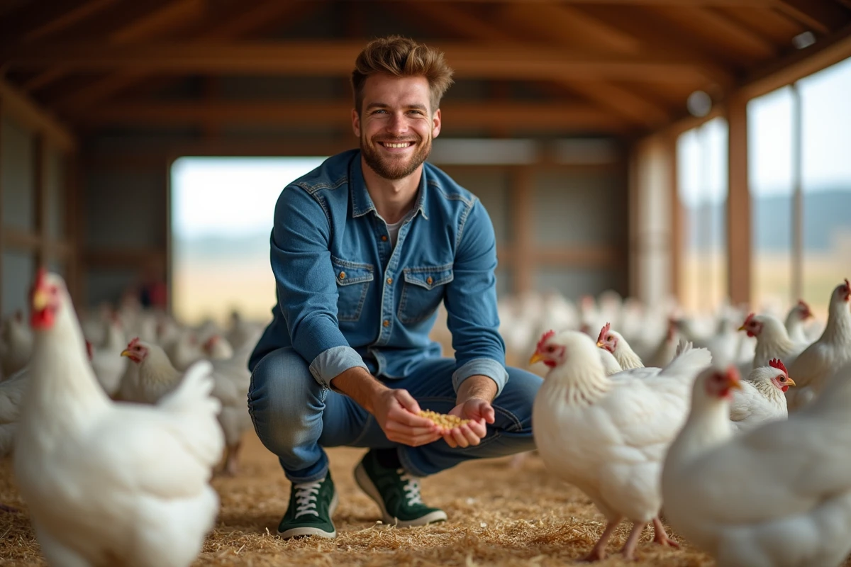 Jeune homme nourrissant des poules dans la ferme