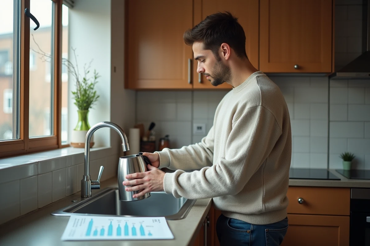 Jeune homme remplissant une bouilloire au lavabo de cuisine