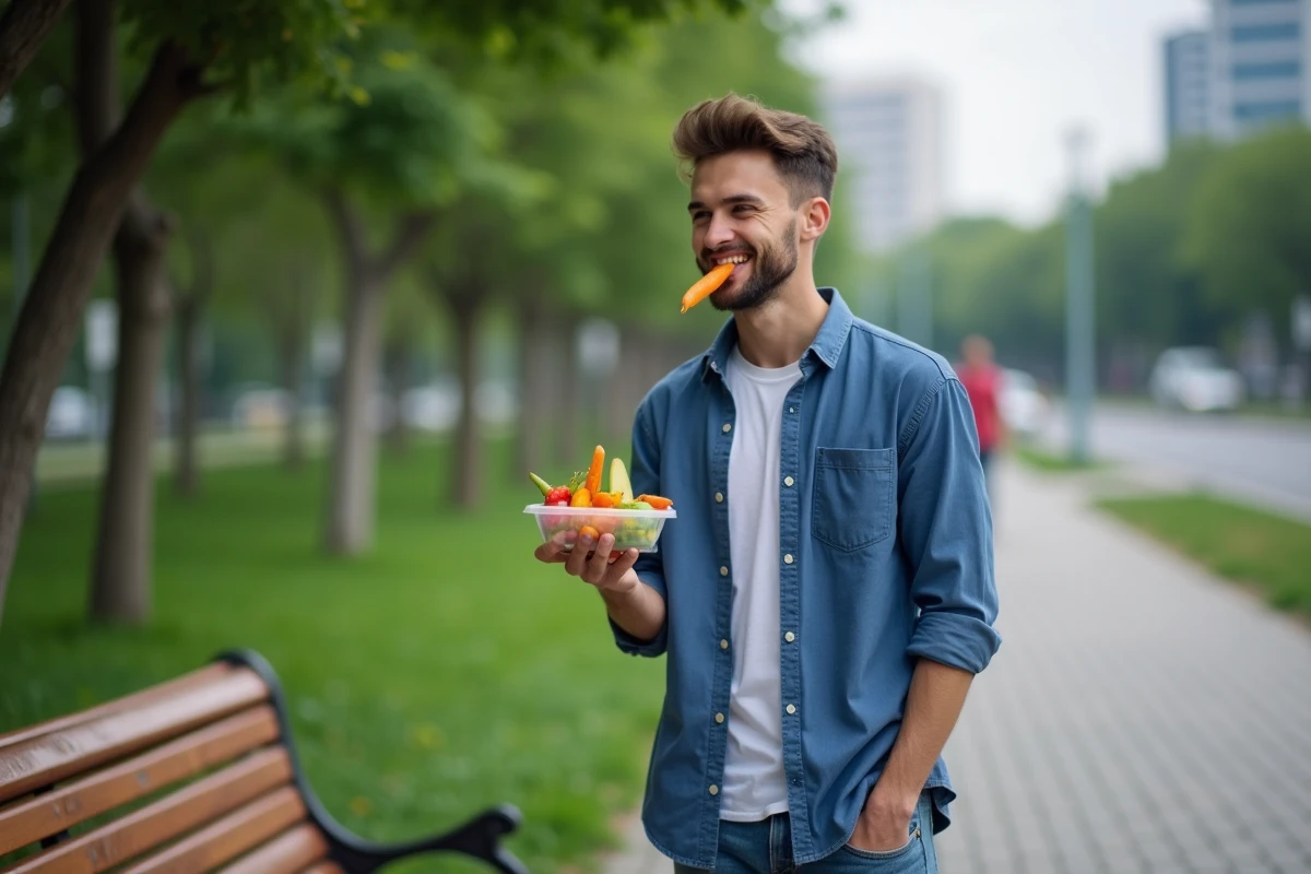 Jeune homme mangeant des légumes dans un parc urbain
