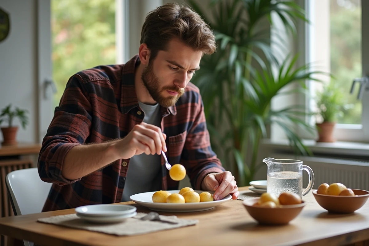 Jeune homme examinant des pommes de terre cuites sur une assiette blanche