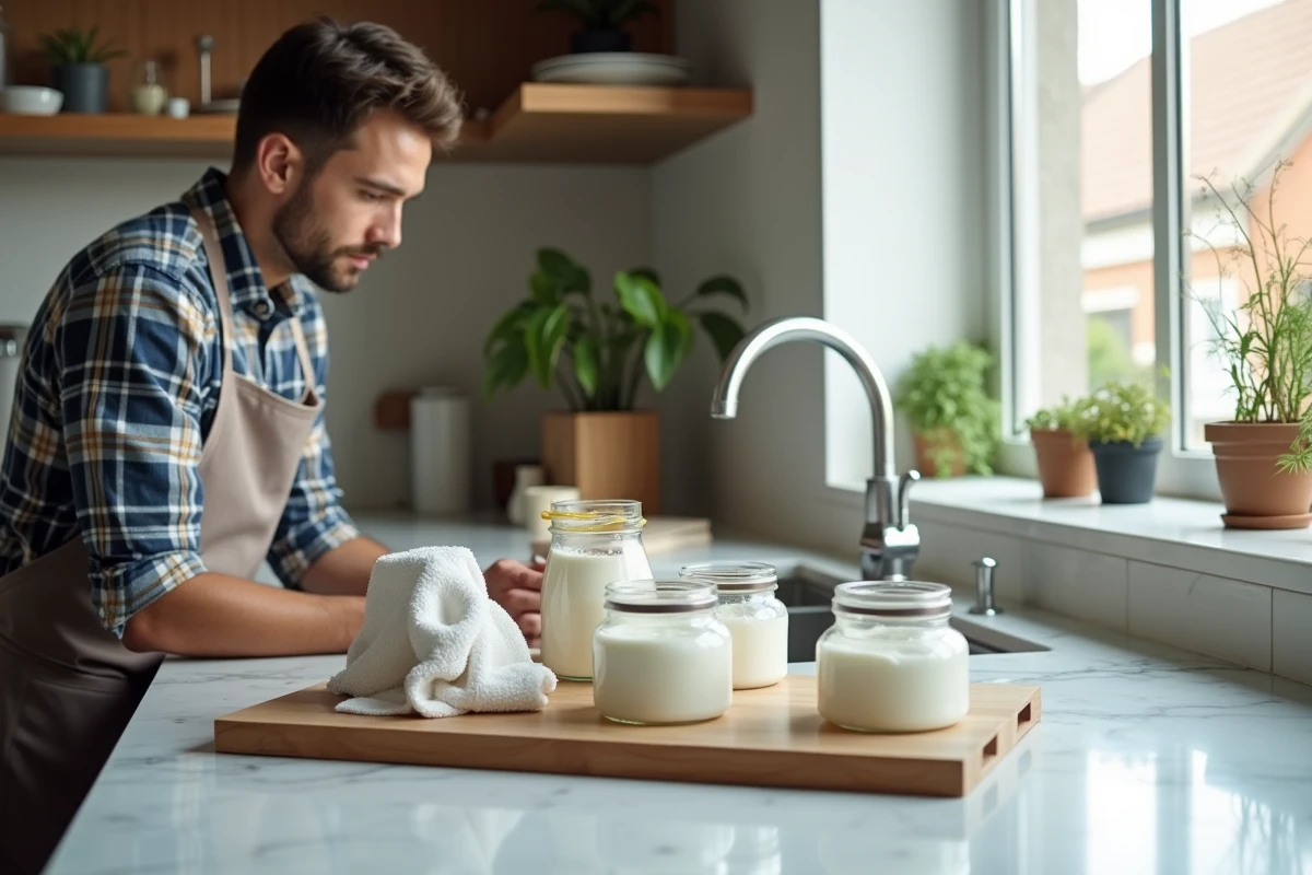 Jeune homme vérifiant un minuteur avec pots de yogourt