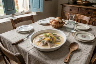 Plat de julienne de poisson en sauce crémeuse citronnée présenté dans un plat en céramique blanche sur une table de repas du dimanche en style maison de campagne française