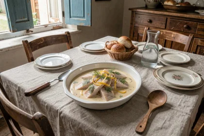Plat de julienne de poisson en sauce crémeuse citronnée présenté dans un plat en céramique blanche sur une table de repas du dimanche en style maison de campagne française