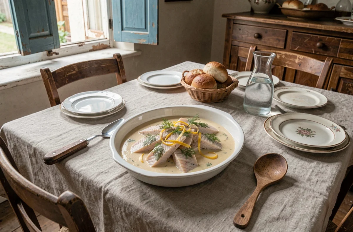 Plat de julienne de poisson en sauce crémeuse citronnée présenté dans un plat en céramique blanche sur une table de repas du dimanche en style maison de campagne française