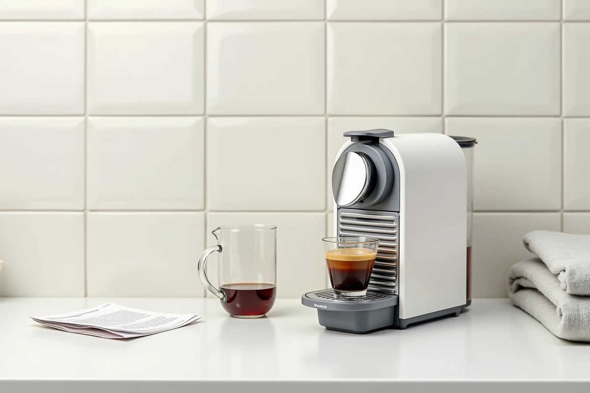 Machine Nespresso Magimix avec solution détartrante, pichet doseur et notice de détartrage posés sur un plan de travail blanc