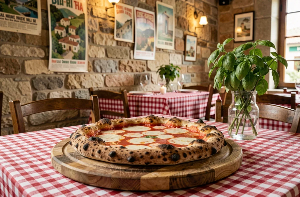 Pizza Margherita au four à bois sur planche en bois dans la salle de L'Italien à Saintes