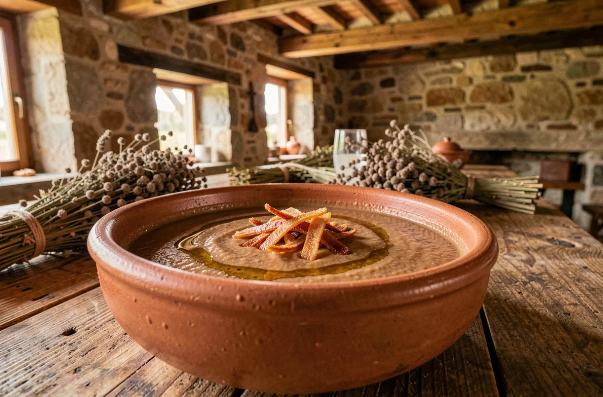 Soupe de châtaignes à l'huile de noisette en bol terracotta du restaurant La Boria à Veyras, une étoile Michelin, dans un cadre en pierre ardéchois