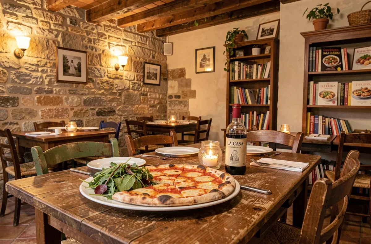 Table italienne chez La Casa à Espalion avec pizza à croûte fine, salade verte et carafe de vin maison