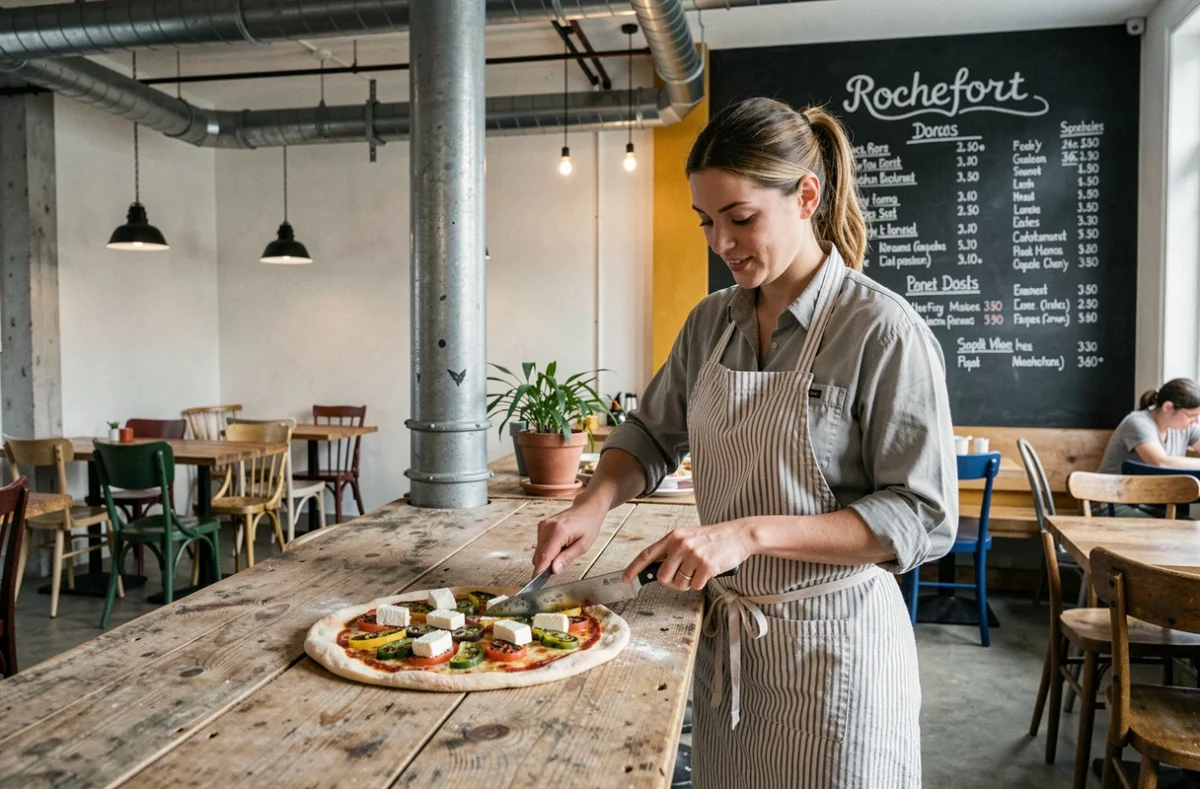 Cheffe cuisinière de La Polka à Rochefort découpant une pizza aux légumes rôtis et fromage de chèvre
