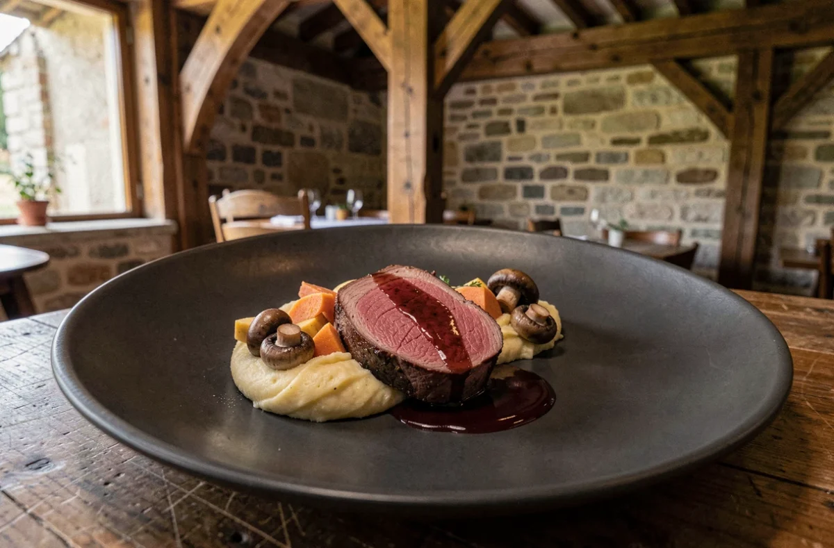 Assiette gastronomique du restaurant Le Bois sans Feuilles à Ouches, viande de Charolais et légumes racines sur céramique sombre dans un cadre rustique de la Loire