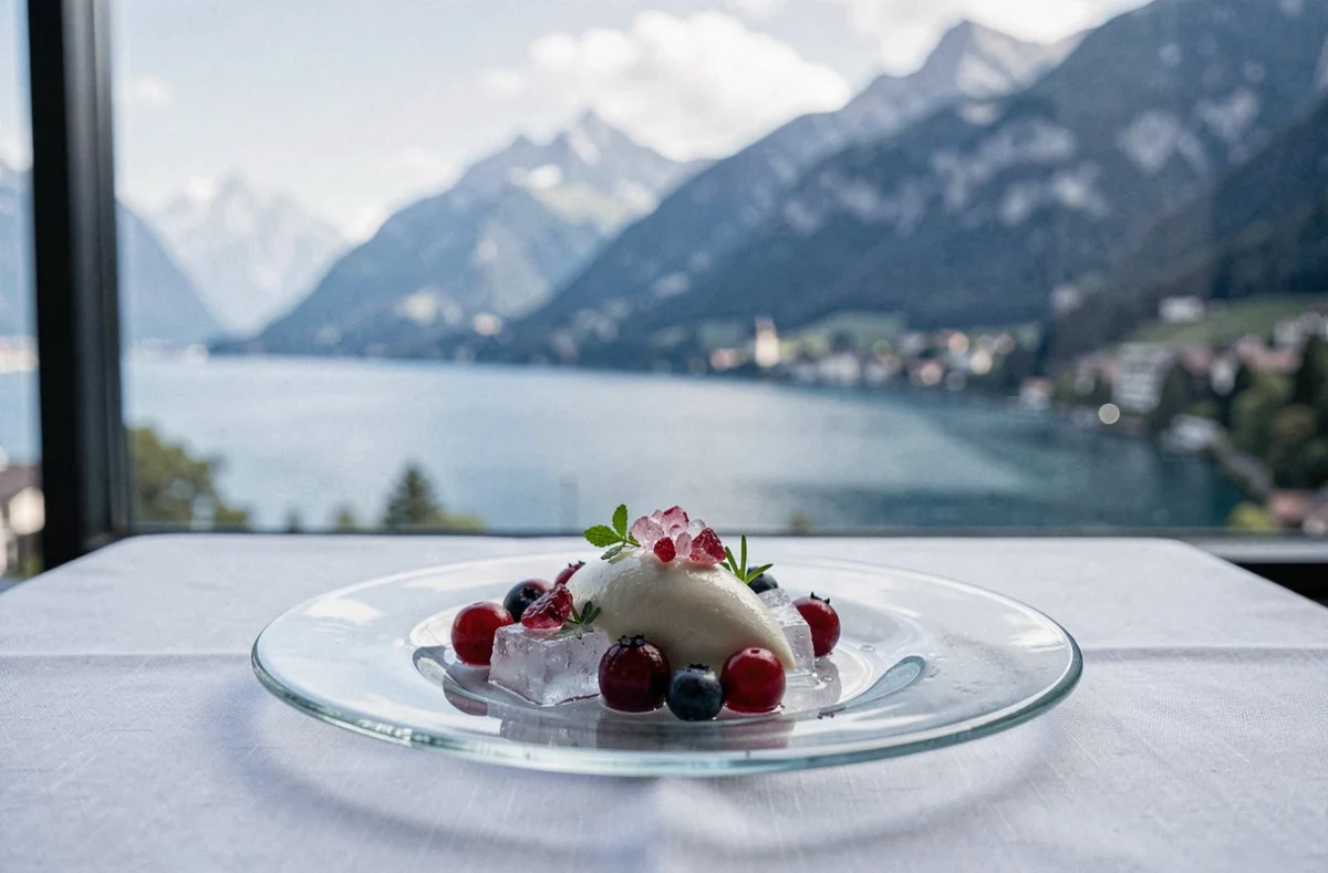 Dessert gastronomique du Clos des Sens à Annecy avec baies alpines et plaque en verre soufflé, vue sur le lac d'Annecy en arrière-plan