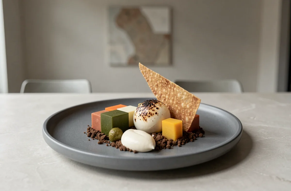 Assiette avant-gardiste du restaurant Le Neuvième Art à Lyon, deux étoiles Michelin, avec préparations végétales géométriques et sphère crémée fumée sur céramique ardoise