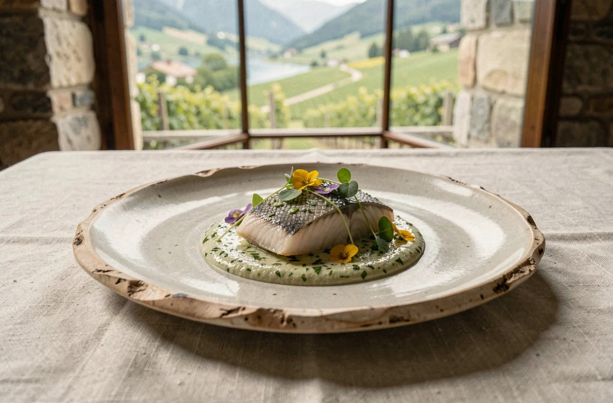 Assiette gastronomique raffinée du restaurant Les Morainières à Jongieux avec poisson du lac et herbes sauvages sur fond de vignoble savoyard