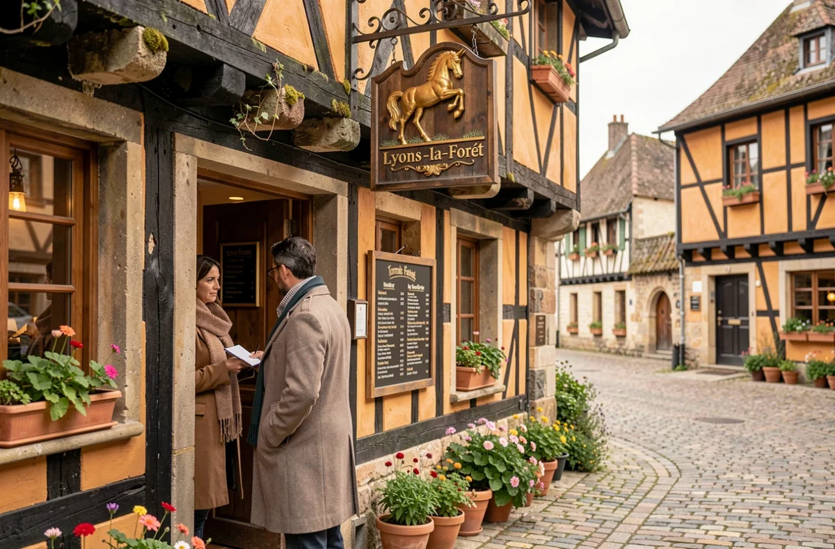 Façade de La Licorne Royale à Lyons-la-Forêt avec son enseigne dorée en forme de licorne et son architecture normande à colombages