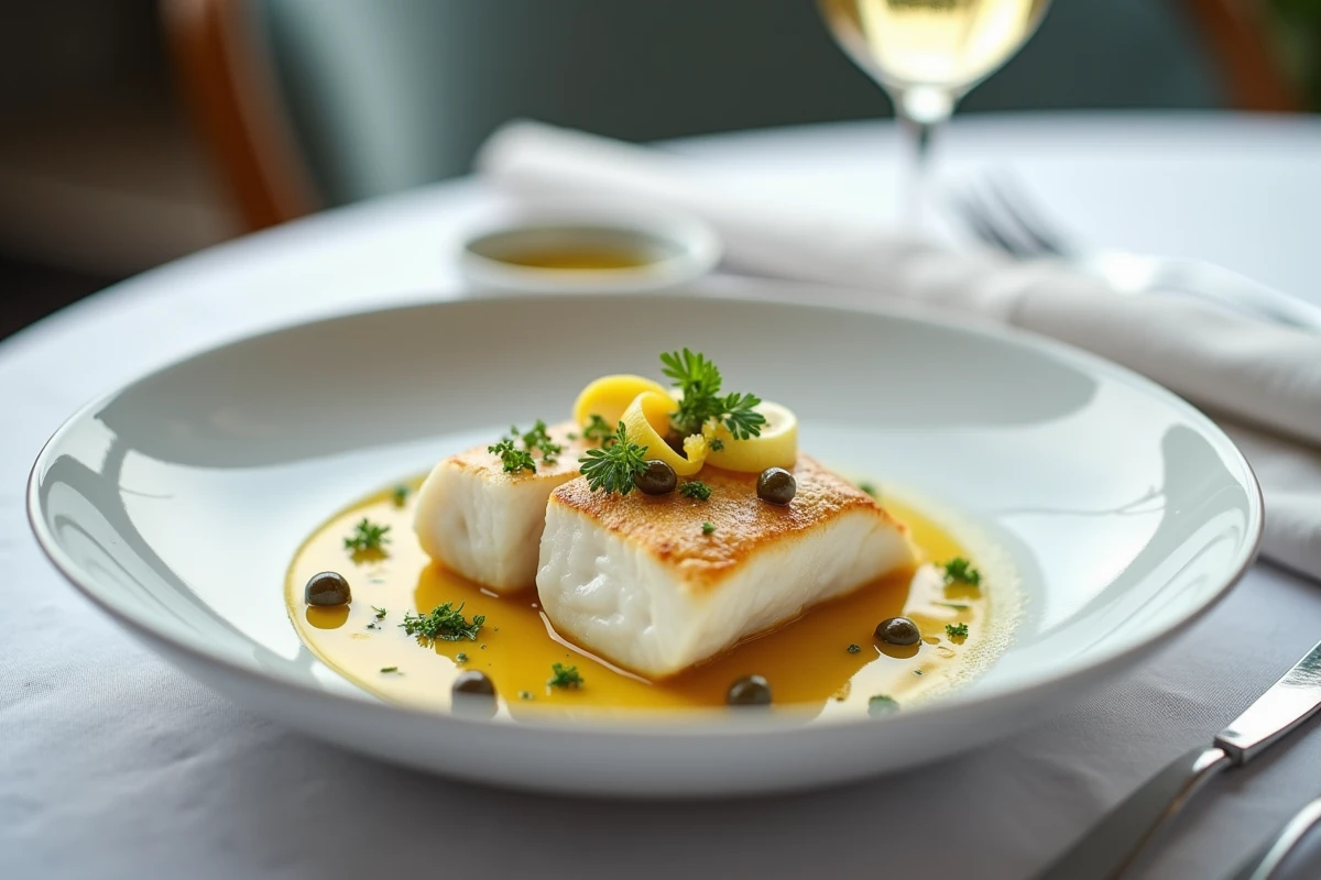 Portion de queue de lotte dressée en assiette creuse avec beurre citronné, câpres et persil sur nappe blanche de restaurant