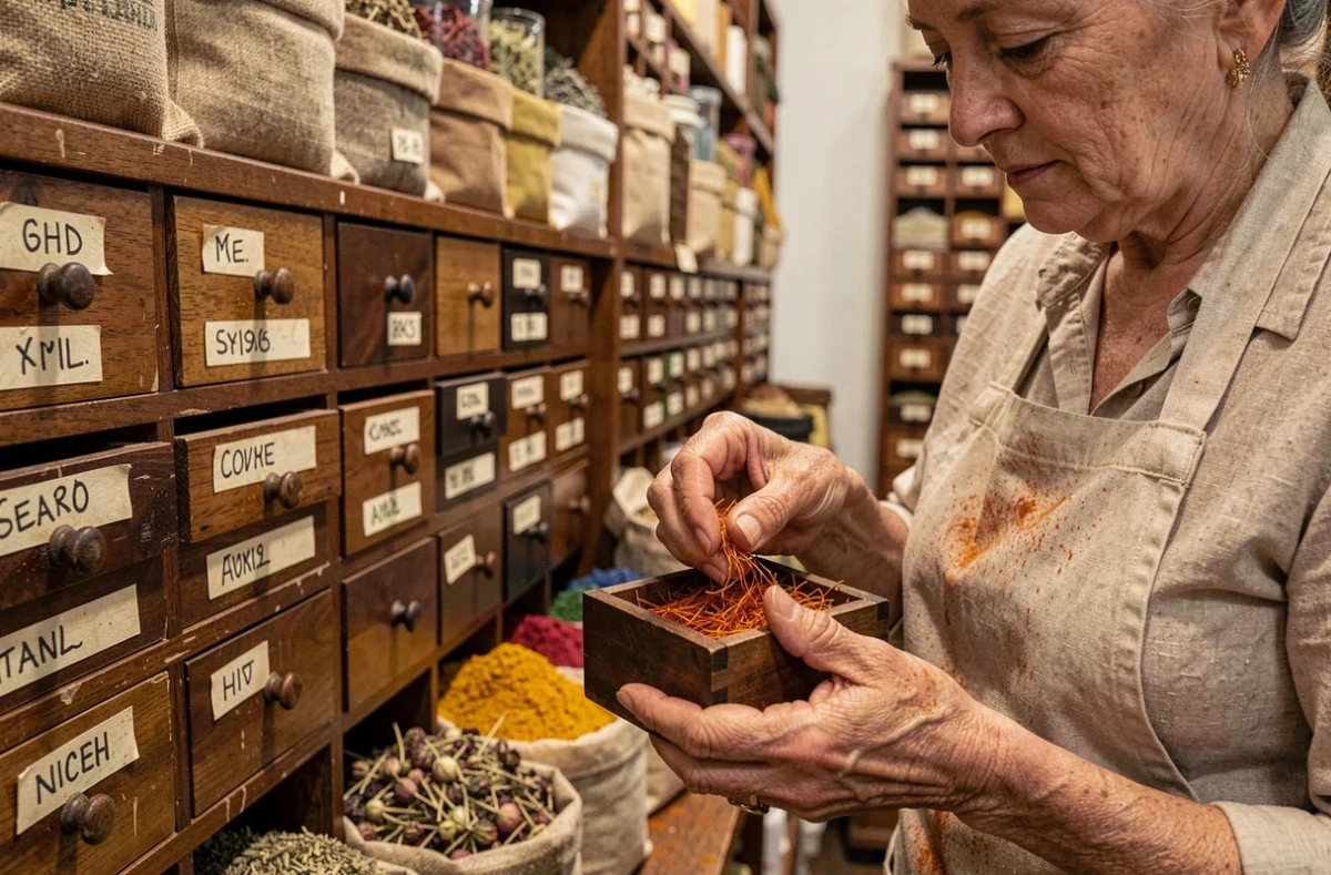 Mains d'une femme dosant des filaments de safran dans une épicerie traditionnelle aux tiroirs en bois remplis d'épices et herbes séchées