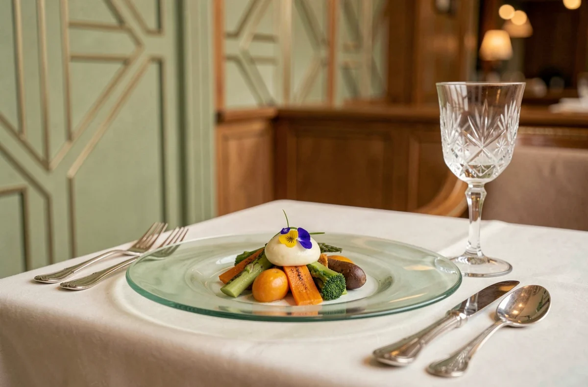 Assiette de légumes du terroir bourbonnais à la Maison Decoret à Vichy, une étoile Michelin, sur porcelaine translucide dans un intérieur Art Déco