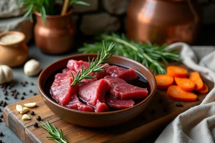 Marinade au vin rouge pour chevreuil avec herbes aromatiques et épices dans un bol en céramique rustique