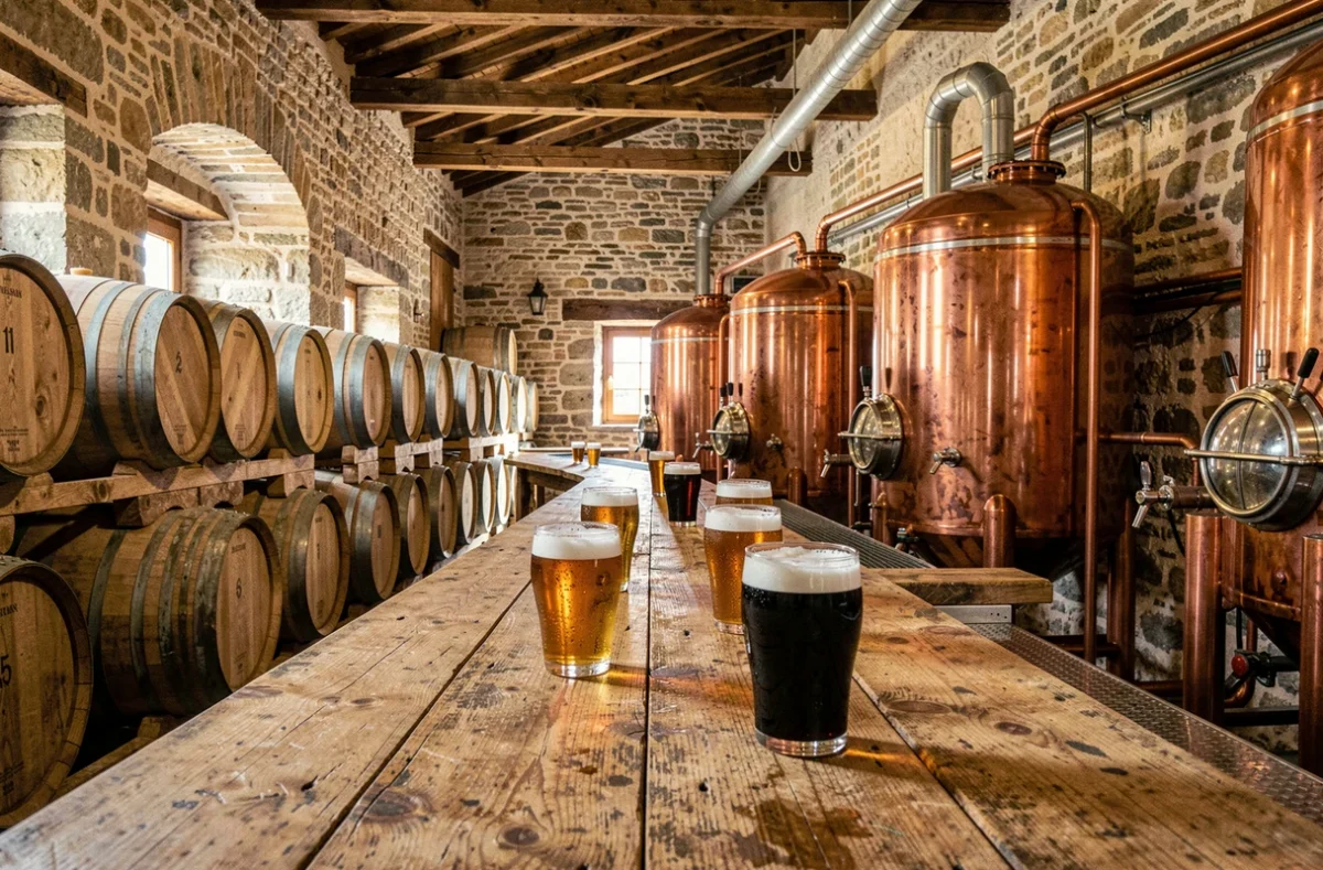 Intérieur d'une brasserie artisanale bretonne avec cuves en cuivre, tonneaux en bois et verres de bière ambrée sur un comptoir en chêne