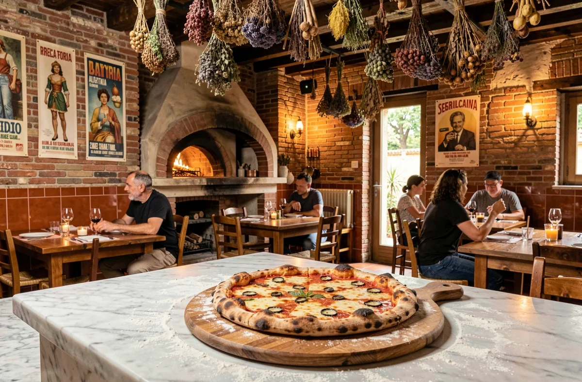 Intérieur chaleureux d'une pizzeria artisanale en Occitanie avec four à bois et pizza napolitaine sur planche en bois