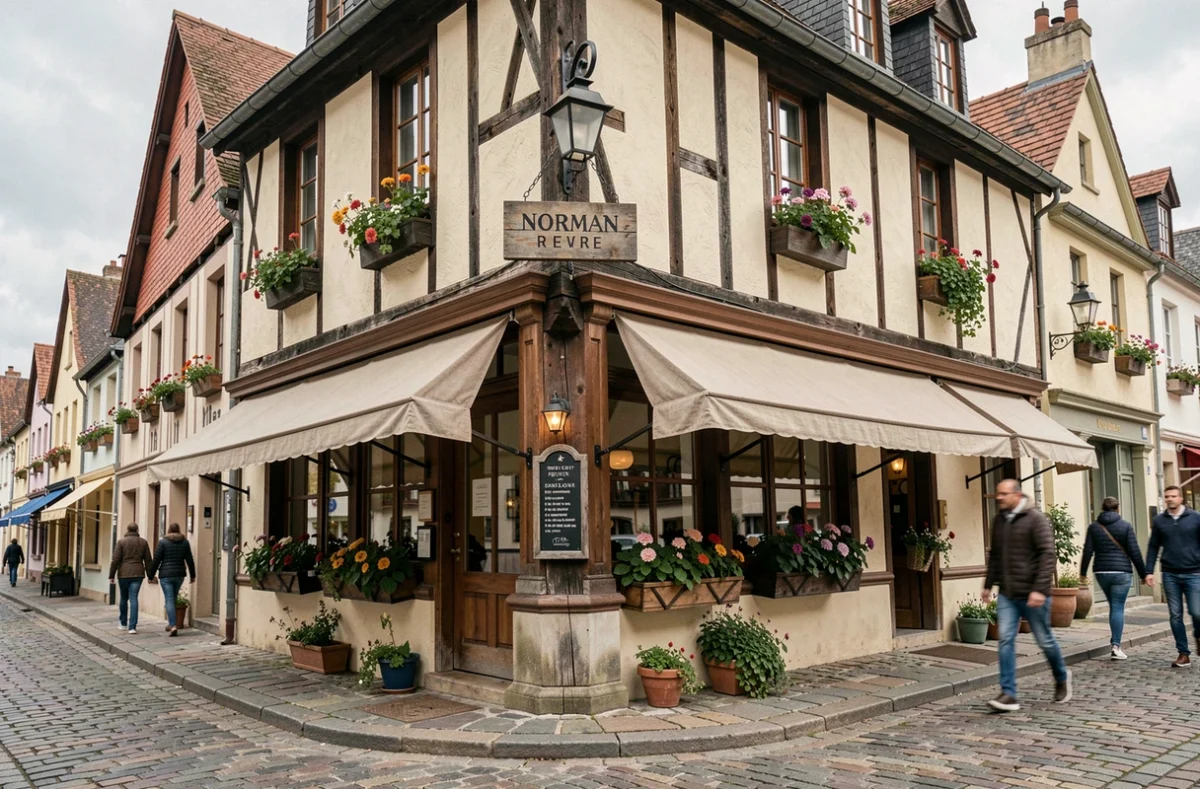 Vue d'ensemble d'un restaurant normand typique dans l'Eure, façade à colombages avec jardinières fleuries et pavés en avant-plan