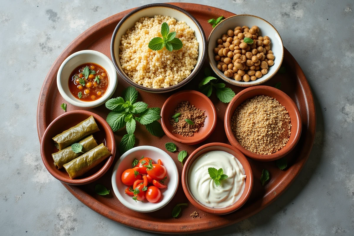Mezze égyptien version healthy avec baba ganoush allégé, kushari complet et feuilles de vigne végétariennes