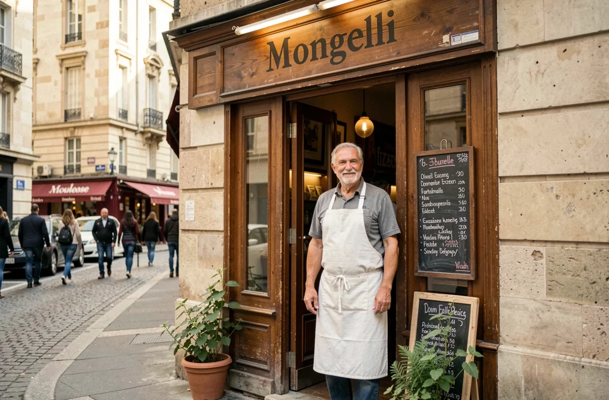 Façade de la pizzeria historique Mongelli à Toulouse avec son pizzaiolo en tablier blanc devant l'entrée